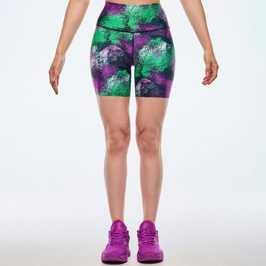 Apres Zumba High Waisted Biker Shorts - Green/Purple